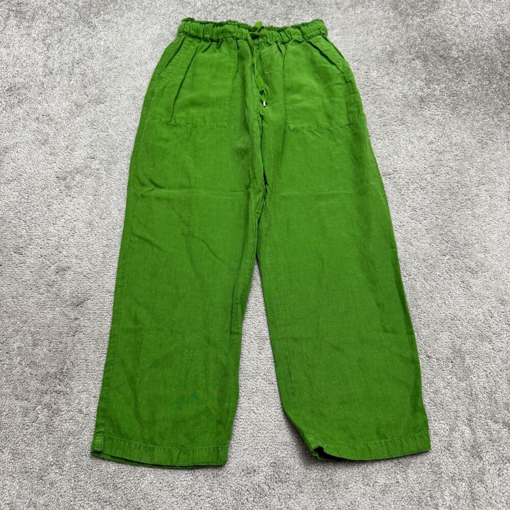 Zara Cropped Pants Womens Large Green Linen Blend Wide Leg Raw Fringe Waist Boho